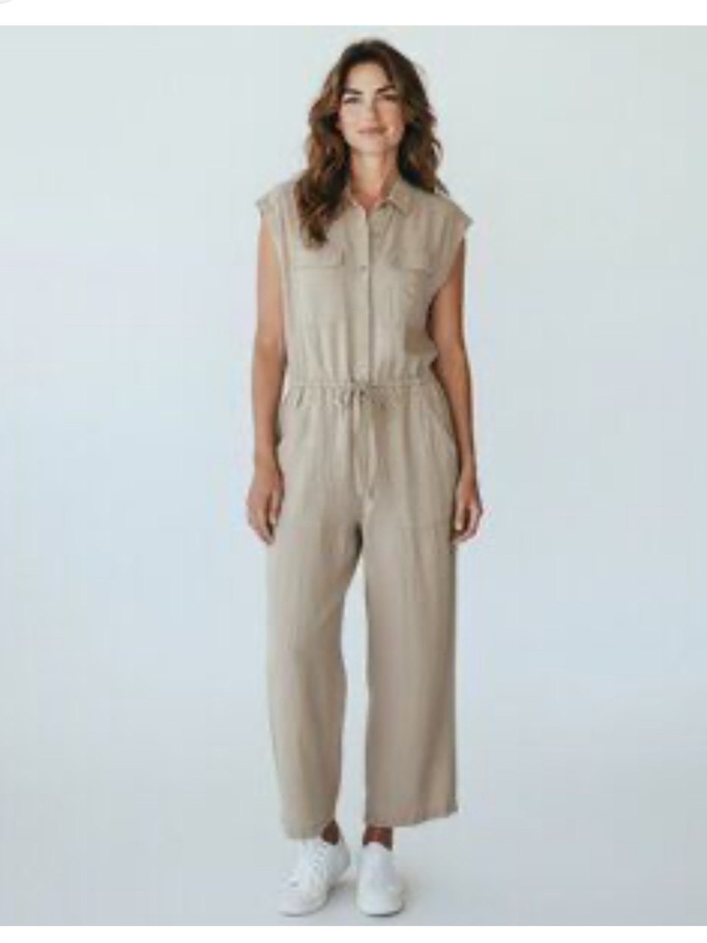 Linen Blend Wide Leg Jumpsuit Oatmeal Tan Size 12 Coastal Utility Neutral‎ Crop